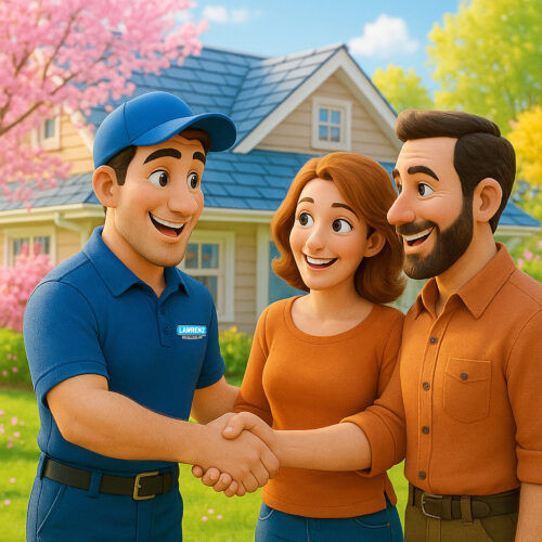 Happy Homeowners and Contractor after Storm Damage Restoration